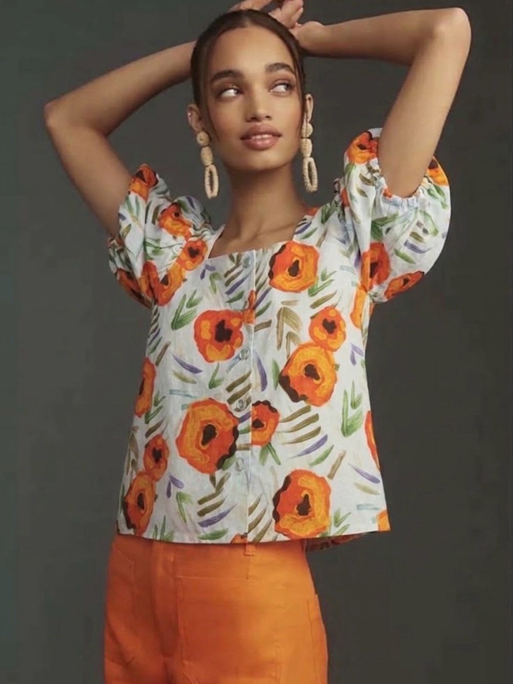 Beulah Cream Square-Neck Puff Sleeve Top with Orange Floral Print